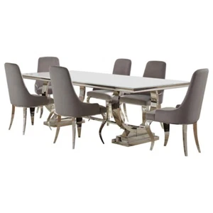 7 PC CONTEMPORARY GLASS CHROME DINING TABLE AND GREY VELVET CHAIRS FURNITURE SET - Picture 1 of 11