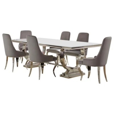 7 PC CONTEMPORARY GLASS CHROME DINING TABLE AND GREY VELVET CHAIRS FURNITURE SET - Image 1 of 4