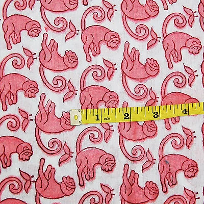 Indian Sanganeri Hand Block Printed Running Cotton Fabric Monkey Print 10 Yard - Image 1 of 4