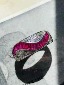 Incredibly Stylish and Vintage Baguette Shape Pink Rubies & White CZ Pretty Band - Picture 1 of 7