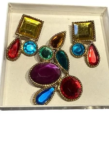 Pendientes y broche Art Decco vintage años 80 gemas de colores - Imagen 1 de 2