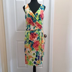 Chaps Faux Wrap Dress Women's Large Floral Colorful Sleeveless Tank Dress - Picture 1 of 13