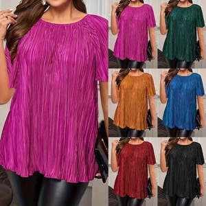 Plus Size Women Pleated Ruffle T-Shirt Short Sleeve Summer Casual Tops Blouse - Picture 1 of 24