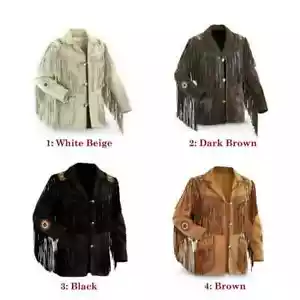 Men Native American Cowboy Leather Jacket Fringe & Beads Western Suede Leather - Picture 1 of 4