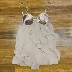 zartes Babydoll Dessous Damen groß braun Rüschenbesatz Satin Cups Nachtwäsche - Bild 1 von 6