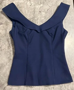 Review Women's Navy Blue Tailored Peplum Stretch Lined Top Blouse Size 6 EUC - Picture 1 of 7