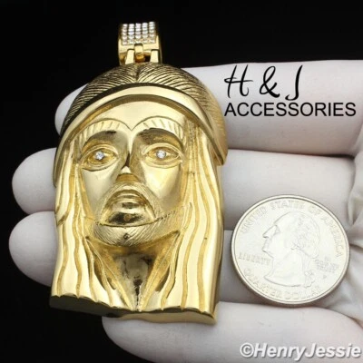 MEN STAINLESS STEEL ICY BLING CZ GOLD PLATED 3D BIG JESUS HEAD PENDANT*AIGP143 - Image 1 of 4