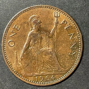 1964 Gran Bretagna grande un penny bronzo regina Elisabetta II moneta estera mondiale - Foto 1 di 2
