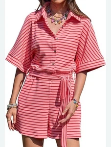 Entro Knit Romper Pink Red Striped Small Ribbed Beach Roomy Oversized Belt NWT - Picture 1 of 11