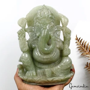 8 Inch Statue Idol Ganesha Figurine Green Aventurine(Indian Jade) Stone Handmade - Picture 1 of 13