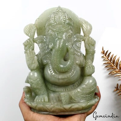8 Inch Statue Idol Ganesha Figurine Green Aventurine(Indian Jade) Stone Handmade - Image 1 of 4