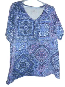 Strickshirt Catherines Größe 2x 22/24 W blau rosa Print Kurzarm - Bild 1 von 4