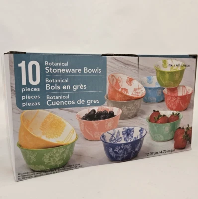 SIGNATURE HOUSEWARES Botanical Stoneware 10 Piece Multicolor Bowls, Assorted Colors
