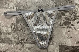 NWOT VICTORIA'S SECRET GRAY SILVER MESH SEQUIN BOW V STRING THONG PANTIES