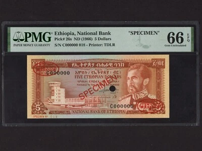 Ethiopia:P-26s, 5$, 1966 * Haile Selassie * Specimen * PMG Gem UNC 66 EPQ * - Image 1 of 2