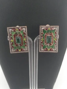 Unikat Vintage Grün Burgund Emaille Kupfer Grün Steine Design Clip-On Ohrringe - Bild 1 von 10