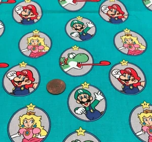 Super Mario & Friends*Badges*on Jade/Teal* Springs Creative*100% Cotton*8" X 22" - Picture 1 of 4
