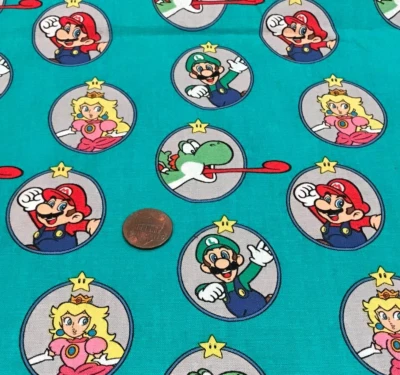 Super Mario & Friends*Badges*on Jade/Teal* Springs Creative*100% Cotton*8" X 22" - Image 1 of 4