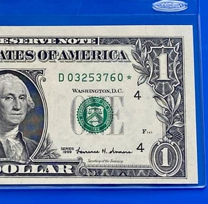 1999 STAR NOTE $1 DOLLAR BILL ( CLEVELAND D ) SCARCE - UNCIRCULATED - Picture 1 of 3