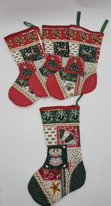 Set of 4 Quilted Cheater Print Christmas Stockings Red Green Holiday 1970-80's - Picture 1 of 8