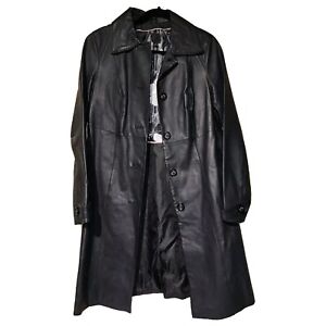 Womens Wilsons Size Medium Leather Trench Coat Black Buttons Jacket Overcoat VTG