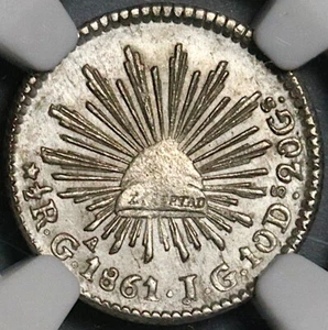 1861-Ga NGC MS 63 Mexico 1/2 Real Guadalajara Cap Rays SIlver Coin (22041402C) - Picture 1 of 6