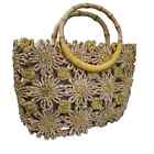 Cappelli Straworld Vintage Woven Purse Daisy Sunflower Bamboo Handle