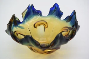 Large Murano Art Glass Organic Flower Blue to Yellow Bowl, 1950-1955,Vintage - Picture 1 of 8