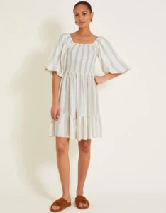 Monsoon Lila neutral stripe shirred dress with puffball sleeves XL 20-22 £80 NEW - Picture 1 of 15