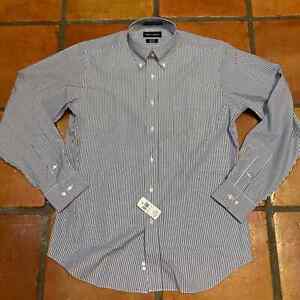 Paul Fredrick non-iron dress shirt long sleeve with contrast trim, navy blue