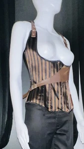 Steampunk schwarz/brn gestreift Satin Schnürung hinten Haken vorne Korsett/Bustier/Weste M - Bild 1 von 13