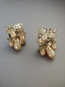 Boucles d'oreilles clips vintage très anciennes verre strass fausse perle Miriam Haskell ? TLC - Photo 1/4