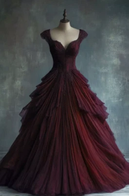 Gothic Wedding Dresses Beads Ruched Tiered Lace Dress A Line Vintage Bridal Gown - Image 1 of 4