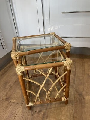 Vintage Retro Boho Set of 2 Nesting Square Glass Top Bamboo Wicker Tables - Image 1 of 4