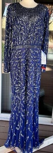Mac Duggal 5519 Beaded Long Sleeve Gown Dress Sz 18W NAVY/SILVER Plus Size New - Picture 1 of 7