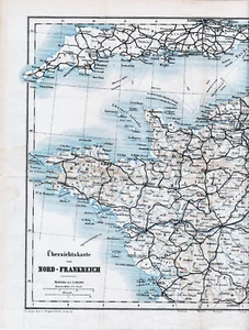 Nord-Frankreich France 1878 orig. Eisenbahn-Karte Paris Lille Lyon Nantes Brest - Picture 1 of 2