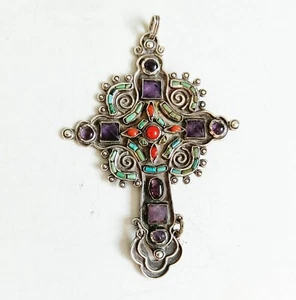 Vintage MATL silver Gemstone jewel Cross Taxco Mexico Matilde Poulat - Picture 1 of 3