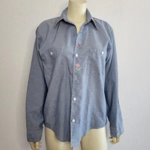 70s Chambray shirt with floral embroidery Vintage unisex medium - Picture 1 of 6