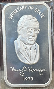New Listing1973 Henry Kissinger Secretary of State .999 1oz Silver Art Bar [P1]