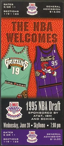 1995 NBA Draft Ticket 1st Season Toronto Raptors Vancouver Grizzlies SkyDome Cover