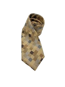 Kenneth Cole Tie Tan & Grey Squares Geometric Necktie 59" x 3.5" 100% Silk - Picture 1 of 11