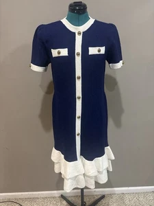 Vintage 1970s Pat Sandler for Wellmore Wool Knit Navy White Ruffle Hem Dress 12 - Picture 1 of 8