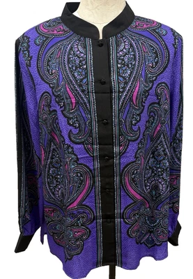 Blusa Bob Mackie Usable Arte Abotonada Paisley Púrpura Negra Nueva Para Mujer XL Foto 1 de 4