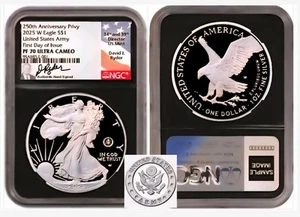 2025-W $1 SILVER EAGLE 250th ANNIVERSARY OF THE ARMY W/PRIVY PF70 FDOI RYDER - Picture 1 of 3