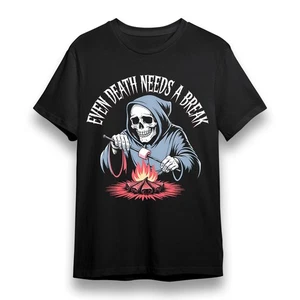 Herren T-Shirt mit Skelett Lagerfeuer Grafik Unisex Schwarz 100% Baumwolle Tee Shirt - Bild 1 von 6
