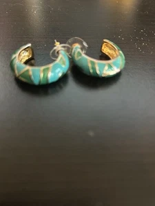 Orecchini a cerchio smaltati vintage turchese e verde - Foto 1 di 4