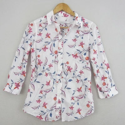 Sportscraft Top Womens 8 White Pink Blue Floral 3/4 Sleeve Button Collar Blouse - image 1 of 4