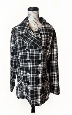 Abrigo de guisante a cuadros negro blanco guinga para mujer talla XL botones de gran tamaño Preppy Foto 1 de 4