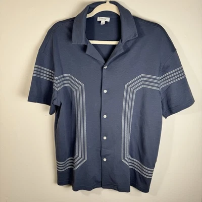 Camisa REISS Para Hombre Manga Corta Cuello Cubano M Azul Bordado Algodón Abotonada Foto 1 de 4