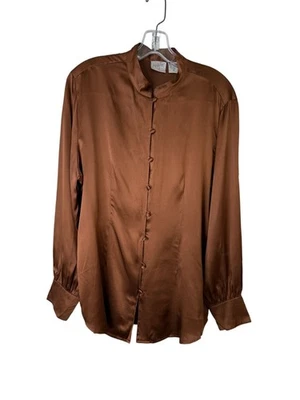 Blusa Jacqueline Ferrar Mujer Vintage 100% Seda Botón Frontal Talla 12 Marrón Foto 1 de 4